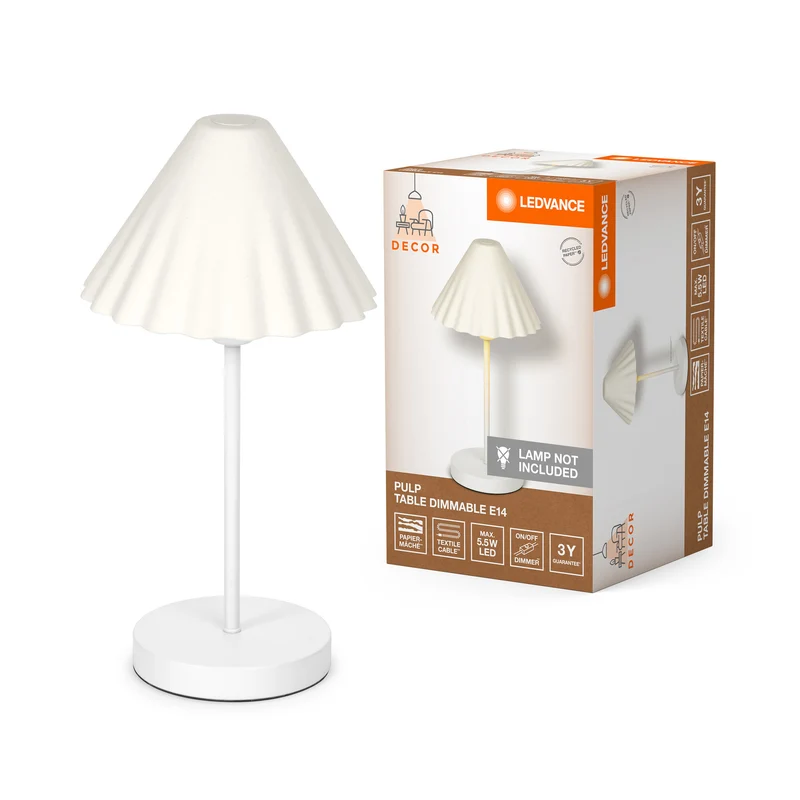 LEDVANCE Tischleuchte Decor Pulp weiß aus Metall und Pappmaschee, E14, dimmbar, 218 mm Durchmesser, langlebig durch austauschbare Lichtquelle, einfache Montage