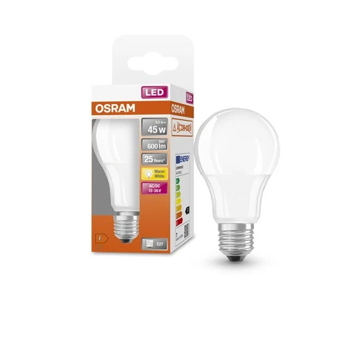 OSRAM LED-Lampen, klassische Kolbenform, 12V-36V, 45 Watts Ersatz, E27, A-shape, 2700 Kelvin, Warm weiß, Matt, single Pack