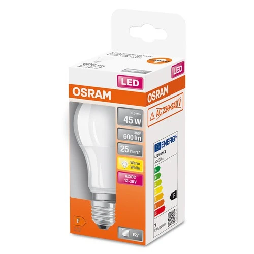 OSRAM LED-Lampen, klassische Kolbenform, 12V-36V, 45 Watts Ersatz, E27, A-shape, 2700 Kelvin, Warm weiß, Matt, single Pack
