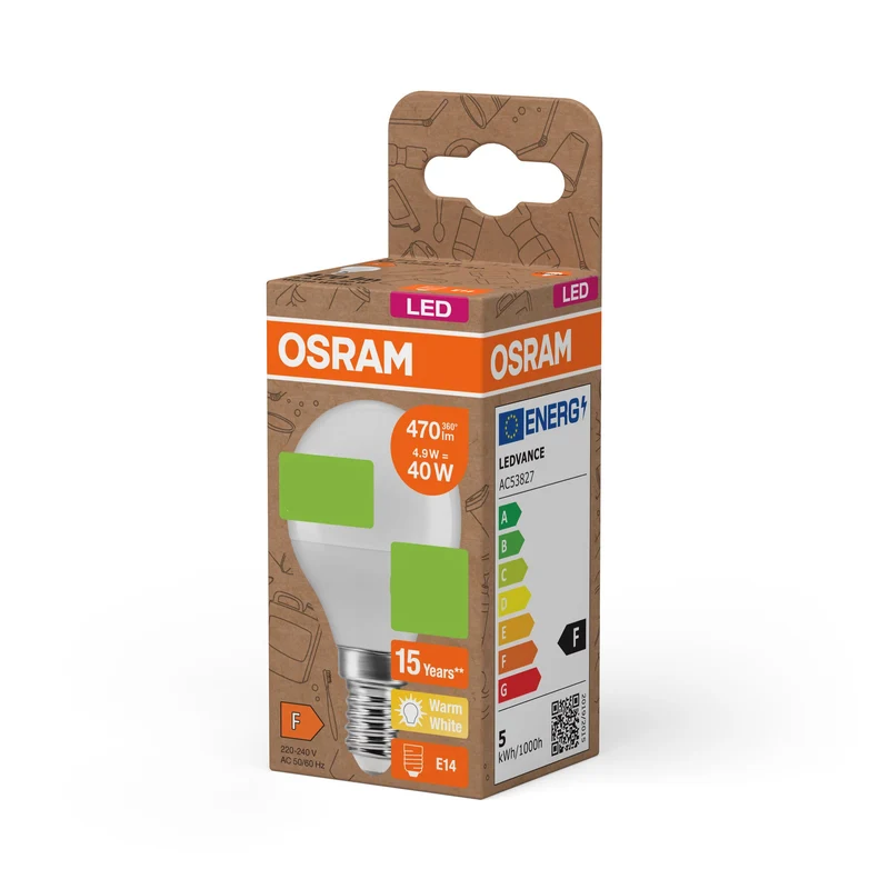 OSRAM LED PCR LAMPS WITH CLASSIC P , LED-Lampe, Matt, 4,9 W, (ex 40 W), 470 lm, Warmweiß, 2700 K, 15000 h, CRI ≥80