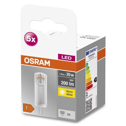 OSRAM LED Stiftsockellampe BASE PIN G4 12 V LED-Lampe CL20 non-dimmable 1.8W , Warmweiß 5er Pack