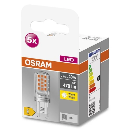 OSRAM LED Stiftsockellampe BASE PIN G9 LED-Lampe CL40 non-dimmable 4.2W, G9 , Warmweiß 5er Pack
