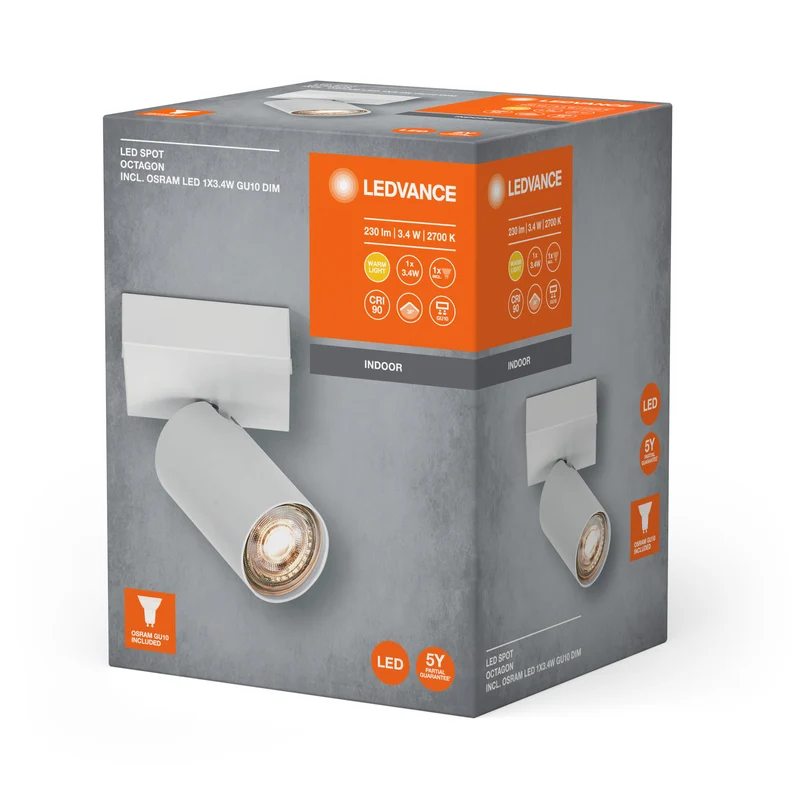 LEDVANCE LED SPOT OCTAGON 1 x 3,4W, GU10, 230lm, weiß, 2. 700K Farbtemperatur, warmweiße Lichtfarbe, zeitloses Design, austauschbare LED-Lampe, ideal für Innenräume, CRI 90, verstellbare Köpfe, dimmbar
