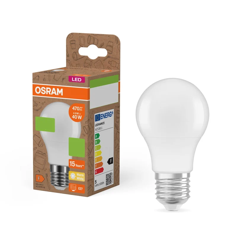 OSRAM LED PCR LAMPS WITH CLASSIC A , LED-Lampe, Matt, 4,9 W, (ex 40 W), 470 lm, Warmweiß, 2700 K, 15000 h, CRI ≥80