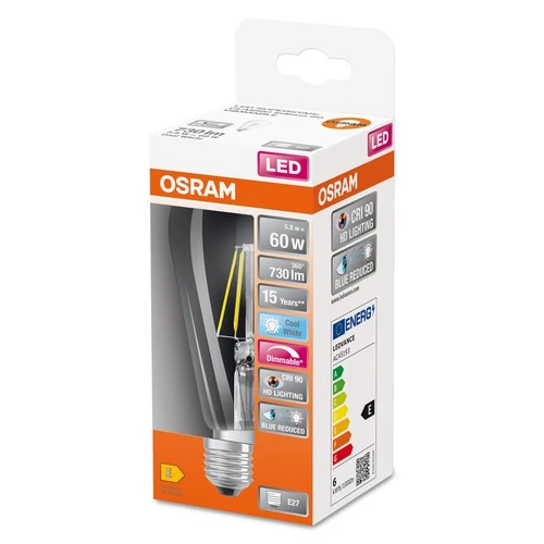 OSRAM Dimmbare FILAMENT LED-Lampe LED SUPERSTAR+ CL Edison FIL 60 dim 5,8W/940 E27 CRI90 BOX, E27