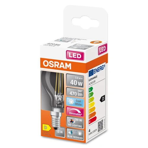 OSRAM FILAMENT LED-Lampe LED SUPERSTAR+ CL P GL FR 40 dim 3,4W/927 E14 CRI90 BOX , Kaltweiß