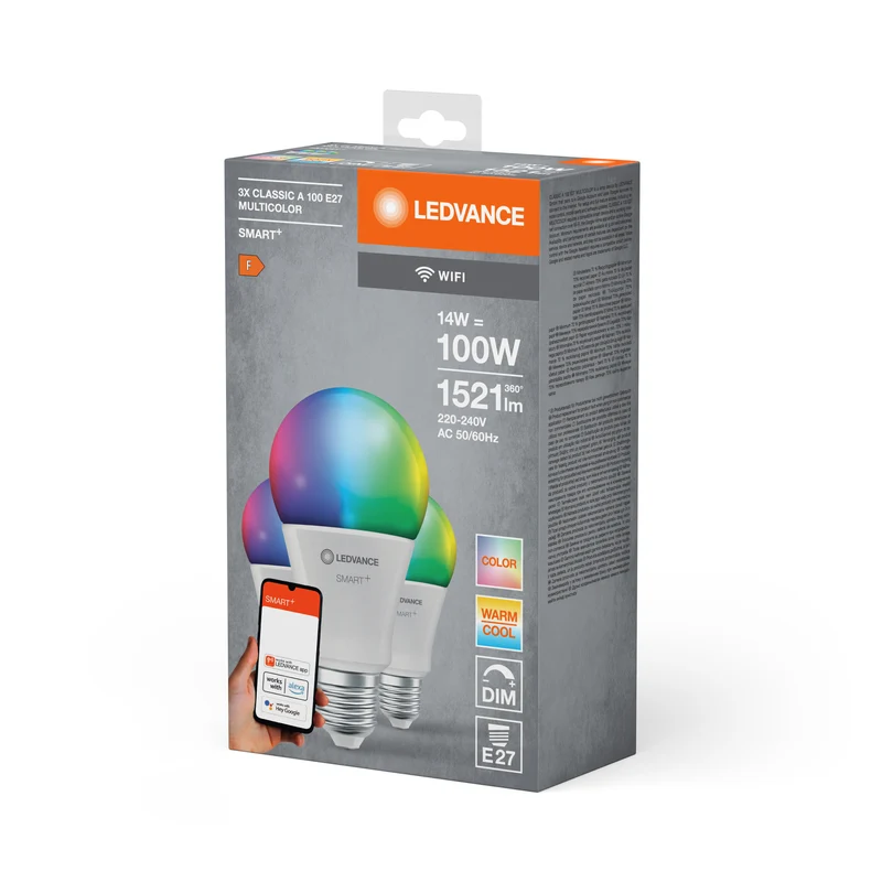 LEDVANCE SMART+ WiFi Classic Multicolour in A-Form, LED-Lampe, Matt, 14 W, (ex 100 W), 1521 lm, RGBW, von 2700 bis 6500 K, Wifi, Smartspeaker-Kompatibel, Dimmbar, 3er