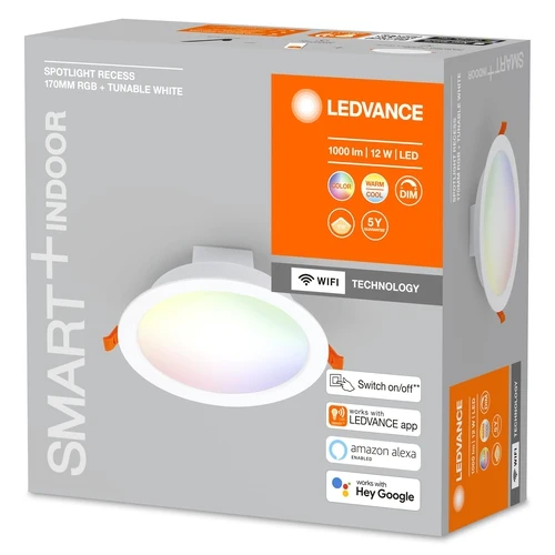 LEDVANCE Wifi SMART+ Einbaustrahler RECESS DOWNLIGHT TW, Ø 170mm, RGB 12W, 220…240 V, 2700…6500K, IP20