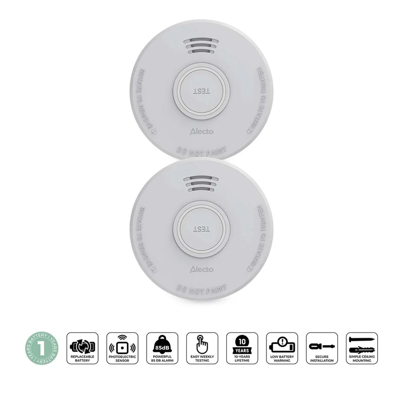 Alecto SD110 2X – Stand-Alone Rauchmelder – 1 Jahr Batterie – Weiß – 2 Stück