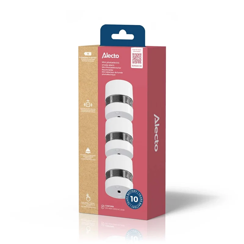 Alecto SD1020 3X - Mini Rauchmelder mit 10 Jahren Batterie- und Sensorlaufzeit 3er-Pack - Weiß