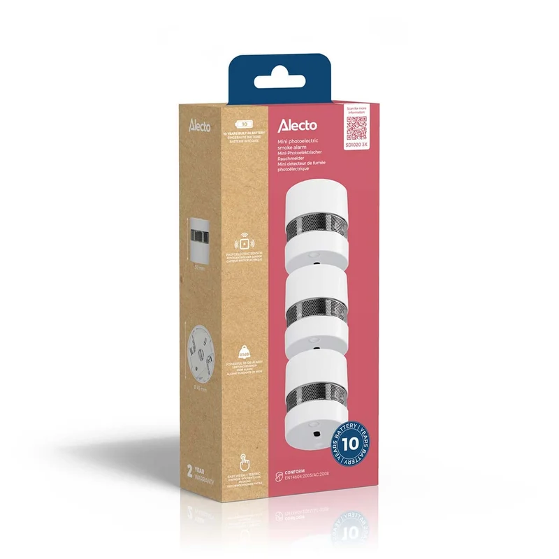 Alecto SD1020 3X - Mini Rauchmelder mit 10 Jahren Batterie- und Sensorlaufzeit 3er-Pack - Weiß