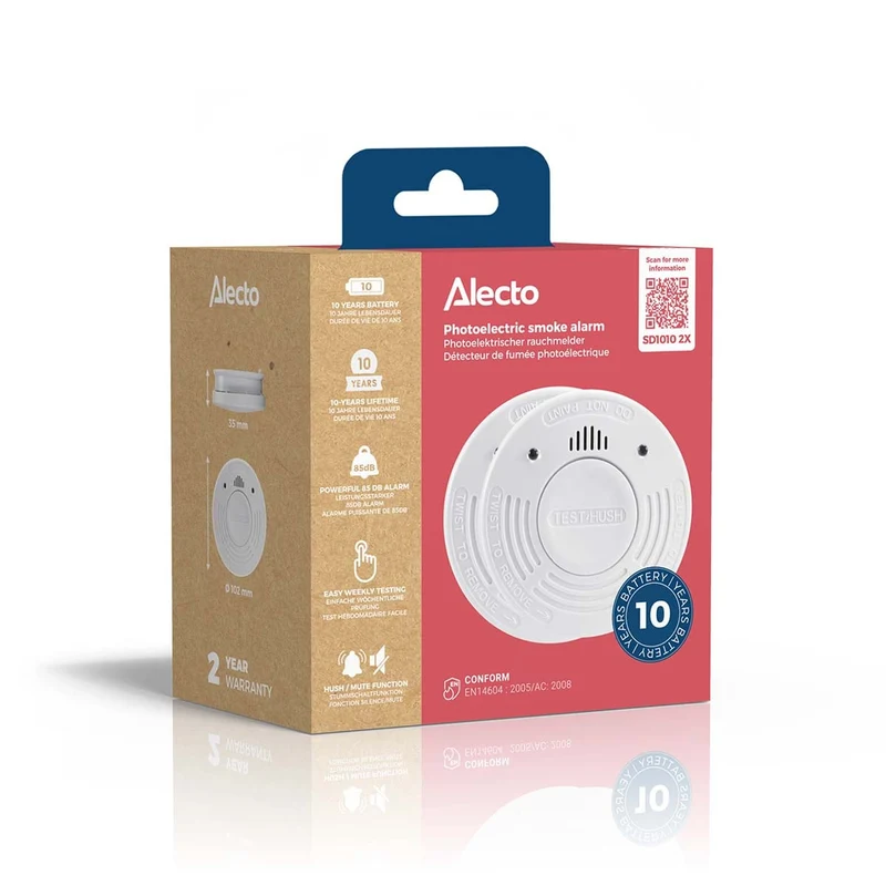 Alecto SD1010 2X – Rauchmelder mit 10-Jahres-Batterie, 2er-Pack