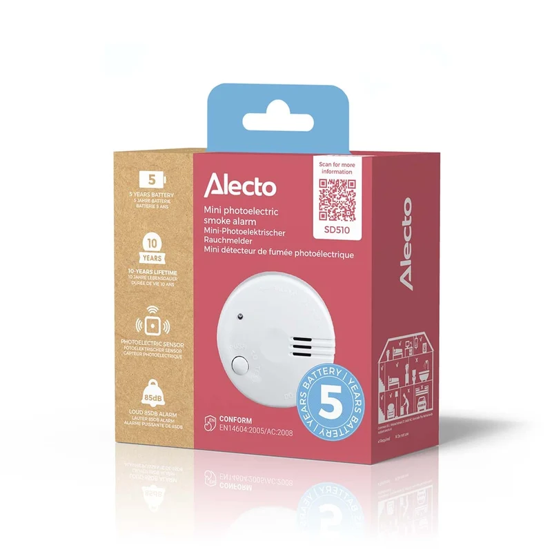 Alecto SD510 - Rauchmelder - Batteriebetrieben - 5 Jahre Batterielebensdauer - EN 14604 - Testtaste - 85 dB - Weiß