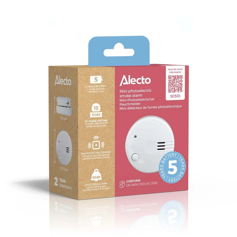 Alecto SD510 - Rauchmelder - Batteriebetrieben - 5 Jahre Batterielebensdauer - EN 14604 - Testtaste - 85 dB - Weiß