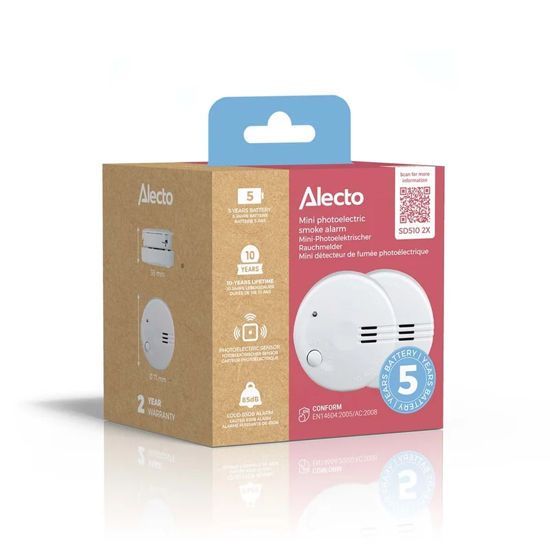 Alecto SD510 2X - Mini Rauchmelder - 5 Jahre Batterie - 2er-Pack - Weiß
