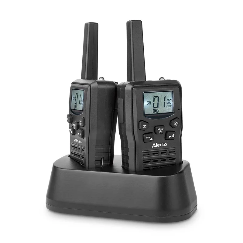 Alecto FR200BK - Set mit 2 wiederaufladbaren Walkie-Talkies mit einer Reichweite von bis zu 10 km und VOX-Freisprechfunktion - Wiederaufladbar über Ladestation und USB-C - Schwarz
