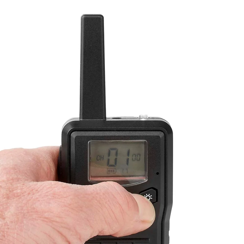 Alecto FR200BK - Set mit 2 wiederaufladbaren Walkie-Talkies mit einer Reichweite von bis zu 10 km und VOX-Freisprechfunktion - Wiederaufladbar über Ladestation und USB-C - Schwarz