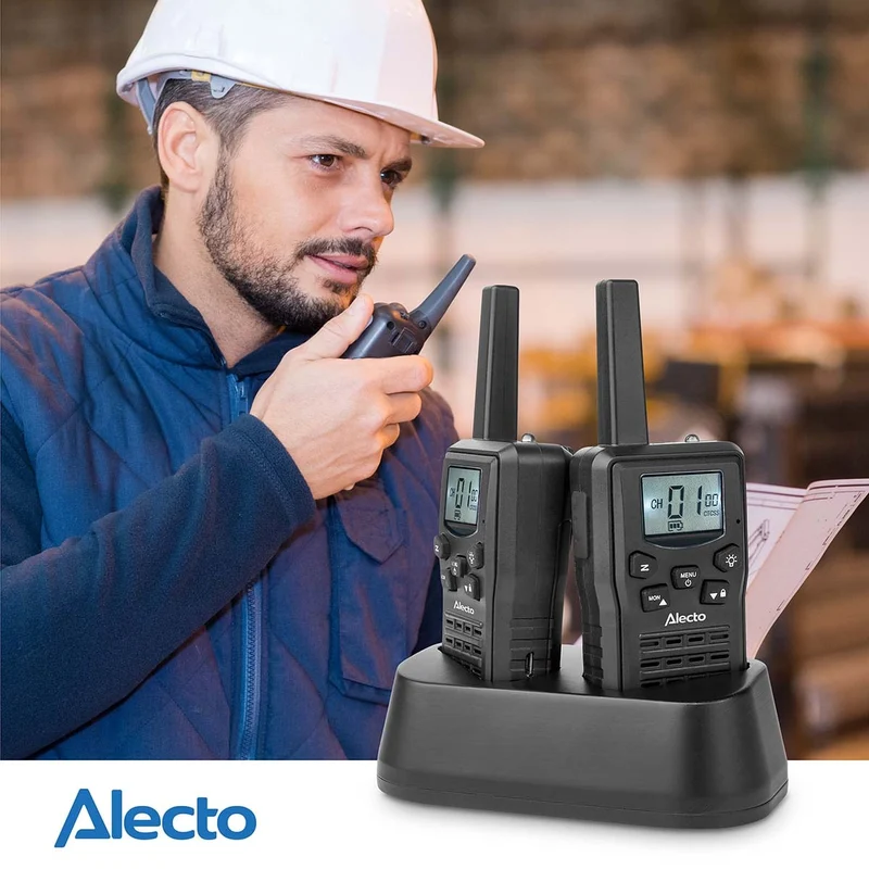Alecto FR200BK - Set mit 2 wiederaufladbaren Walkie-Talkies mit einer Reichweite von bis zu 10 km und VOX-Freisprechfunktion - Wiederaufladbar über Ladestation und USB-C - Schwarz