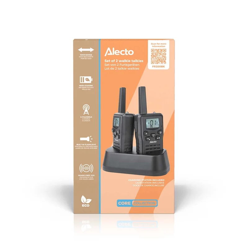 Alecto FR200BK - Set mit 2 wiederaufladbaren Walkie-Talkies mit einer Reichweite von bis zu 10 km und VOX-Freisprechfunktion - Wiederaufladbar über Ladestation und USB-C - Schwarz