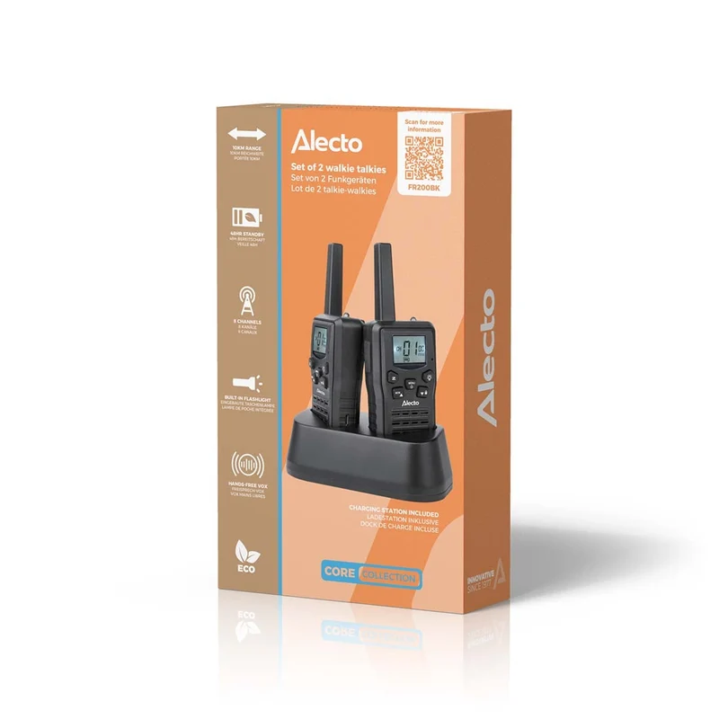 Alecto FR200BK - Set mit 2 wiederaufladbaren Walkie-Talkies mit einer Reichweite von bis zu 10 km und VOX-Freisprechfunktion - Wiederaufladbar über Ladestation und USB-C - Schwarz
