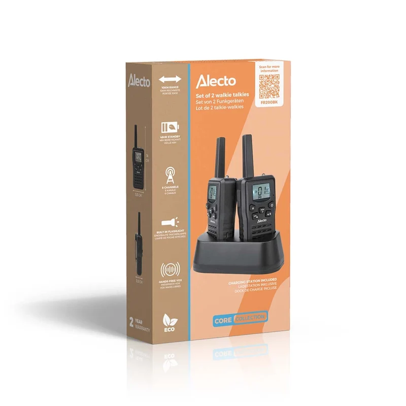 Alecto FR200BK - Set mit 2 wiederaufladbaren Walkie-Talkies mit einer Reichweite von bis zu 10 km und VOX-Freisprechfunktion - Wiederaufladbar über Ladestation und USB-C - Schwarz