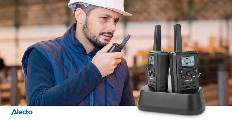 Alecto FR200BK - Set mit 2 wiederaufladbaren Walkie-Talkies mit einer Reichweite von bis zu 10 km und VOX-Freisprechfunktion - Wiederaufladbar über Ladestation und USB-C - Schwarz