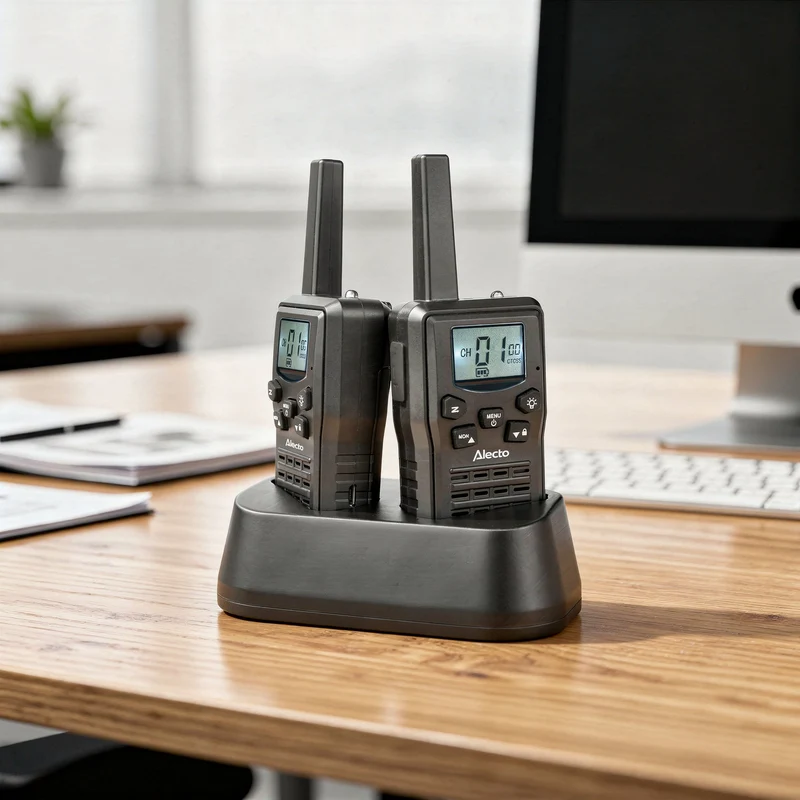 Alecto FR200BK - Set mit 2 wiederaufladbaren Walkie-Talkies mit einer Reichweite von bis zu 10 km und VOX-Freisprechfunktion - Wiederaufladbar über Ladestation und USB-C - Schwarz