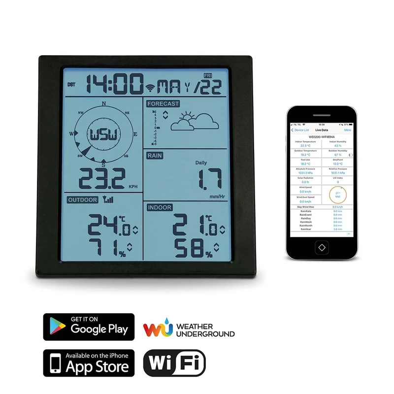 Alecto WS5200 - Professionelle 6 in 1 WLAN-Wetterstation mit App und kabellosem Außensensor, schwarz