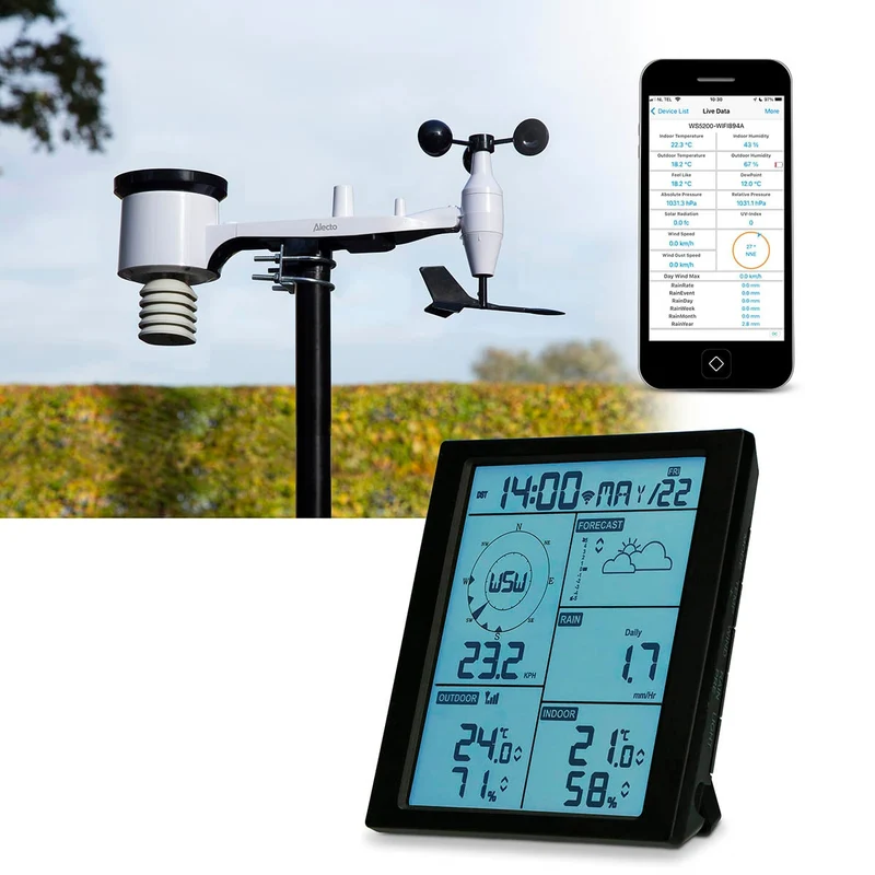 Alecto WS5200 - Professionelle 6 in 1 WLAN-Wetterstation mit App und kabellosem Außensensor, schwarz