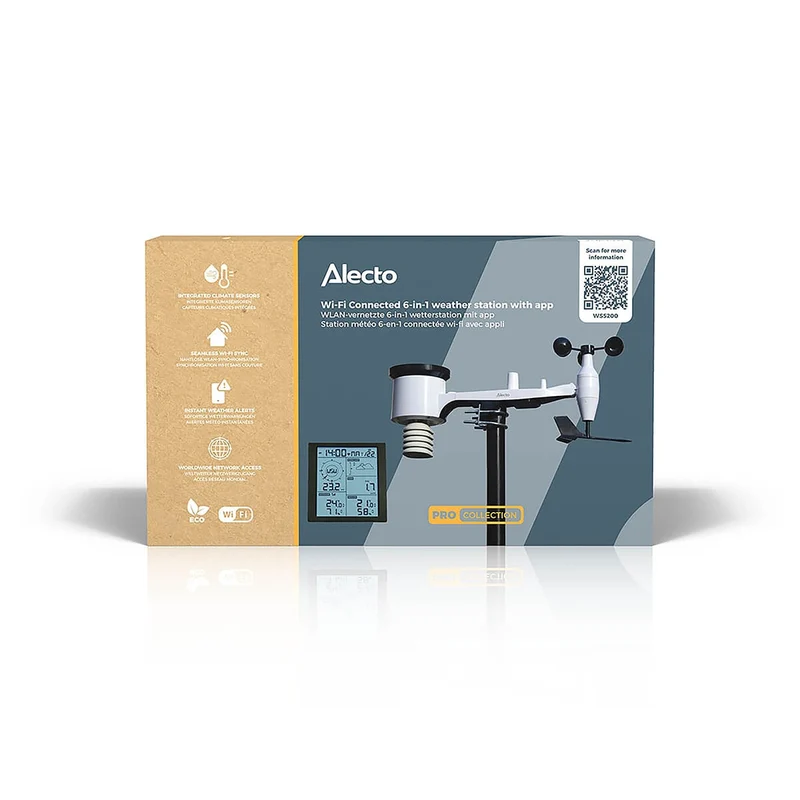 Alecto WS5200 - Professionelle 6 in 1 WLAN-Wetterstation mit App und kabellosem Außensensor, schwarz
