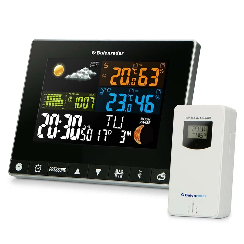 Buienradar BR700 - 3 in 1 Wetterstation mit kabellosem Außensensor, schwarz