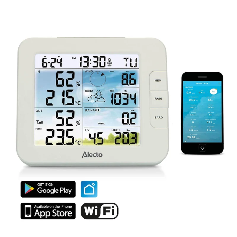 Alecto WS5400 - Professionelle 8-in-1 WLAN Wetterstation mit App und kabellosem Außensensor