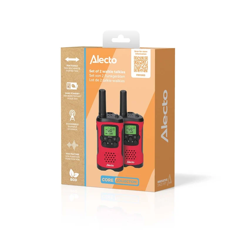 Alecto FR115RD - Set mit 2 Walkie Talkies für Kinder, Reichweite von bis zu 7 Kilometern, Rot/Schwarz