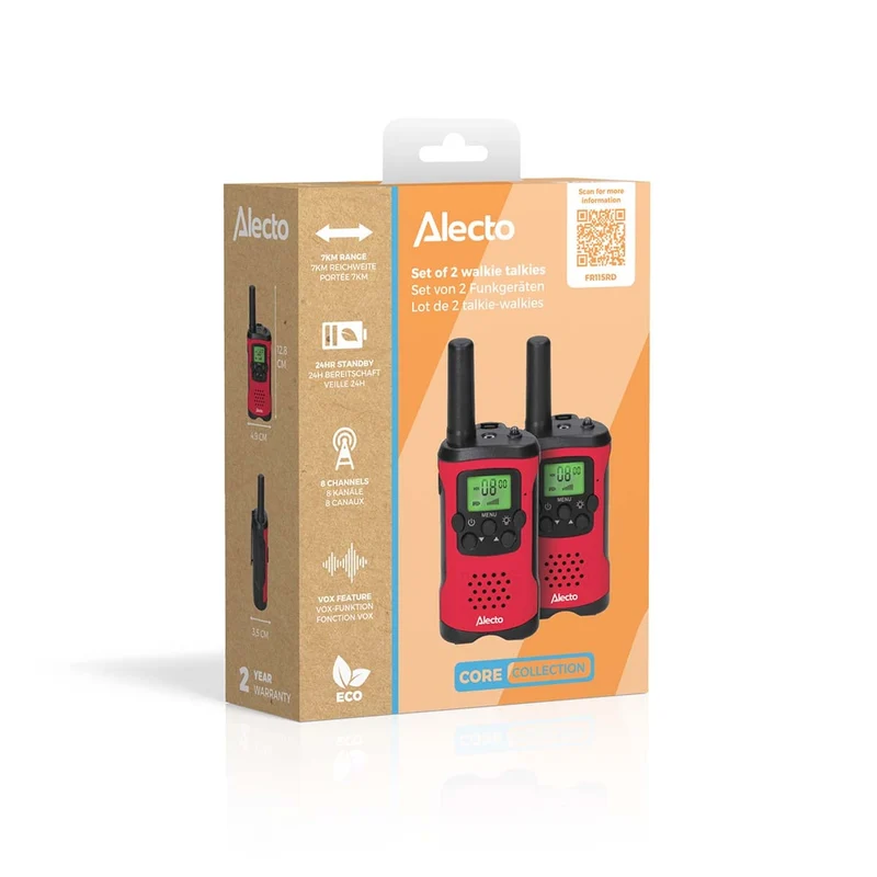 Alecto FR115RD - Set mit 2 Walkie Talkies für Kinder, Reichweite von bis zu 7 Kilometern, Rot/Schwarz