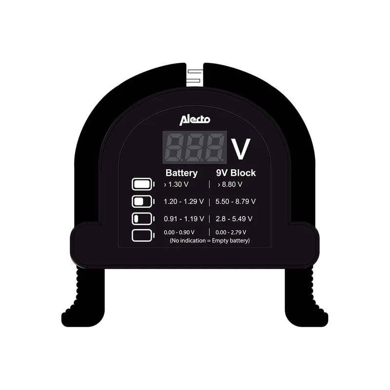 Alecto BTT2 - Kompakter universeller Batterietester für AA, AAA, C, D und 9V Batterien - Schwarz