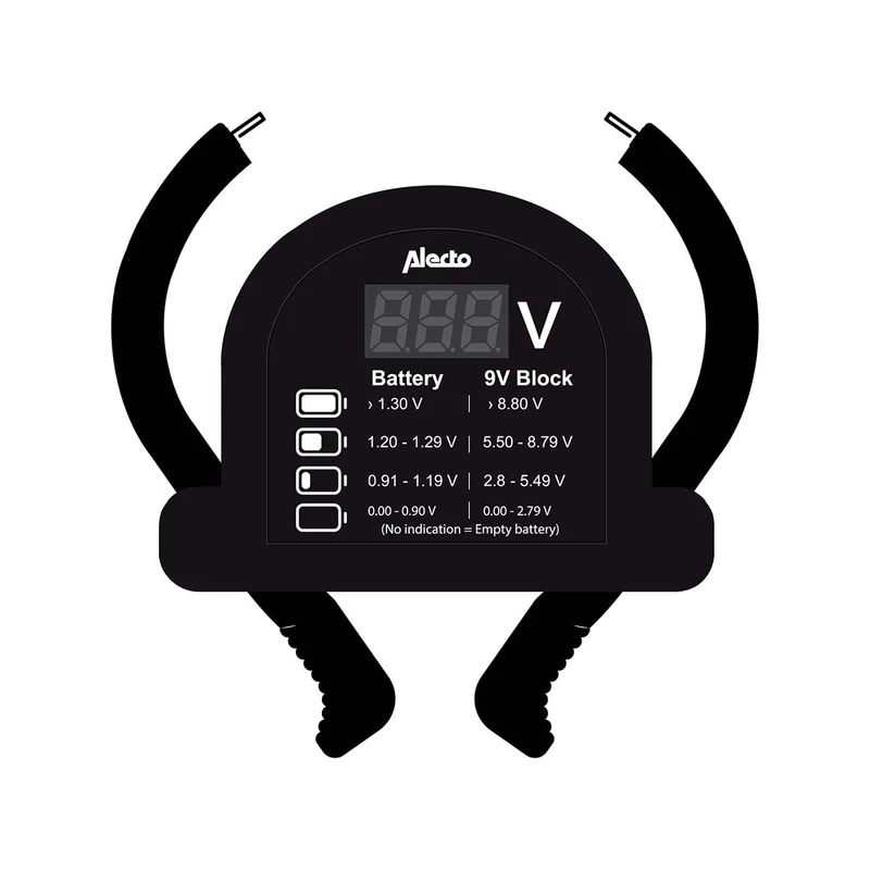 Alecto BTT2 - Kompakter universeller Batterietester für AA, AAA, C, D und 9V Batterien - Schwarz