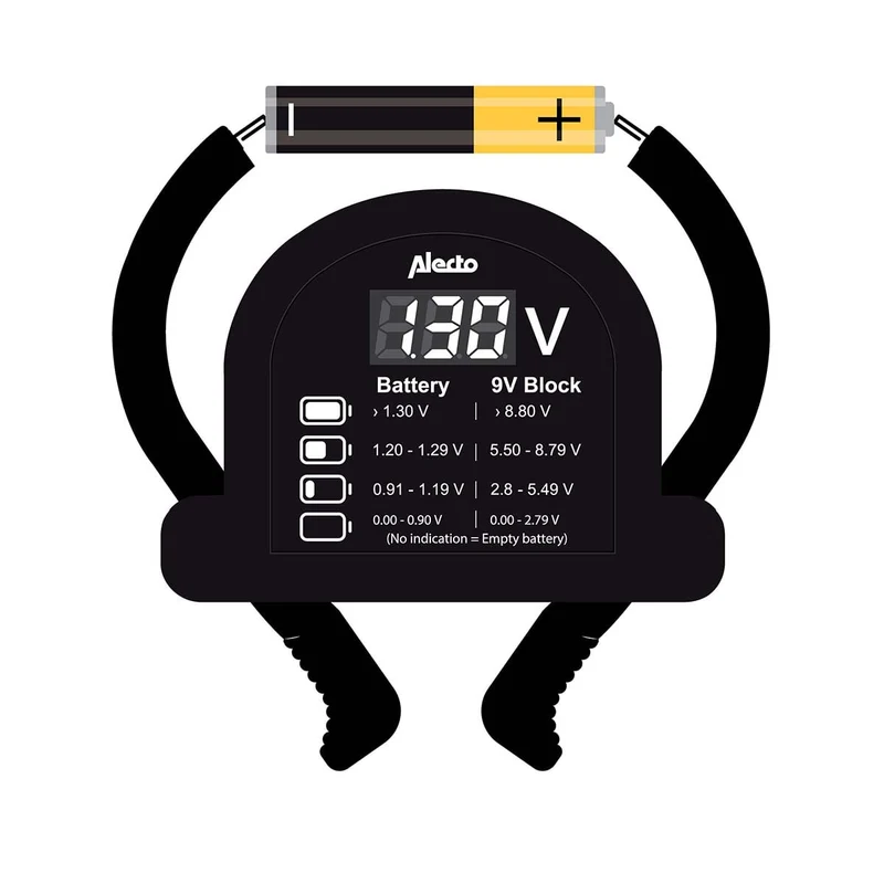 Alecto BTT2 - Kompakter universeller Batterietester für AA, AAA, C, D und 9V Batterien - Schwarz
