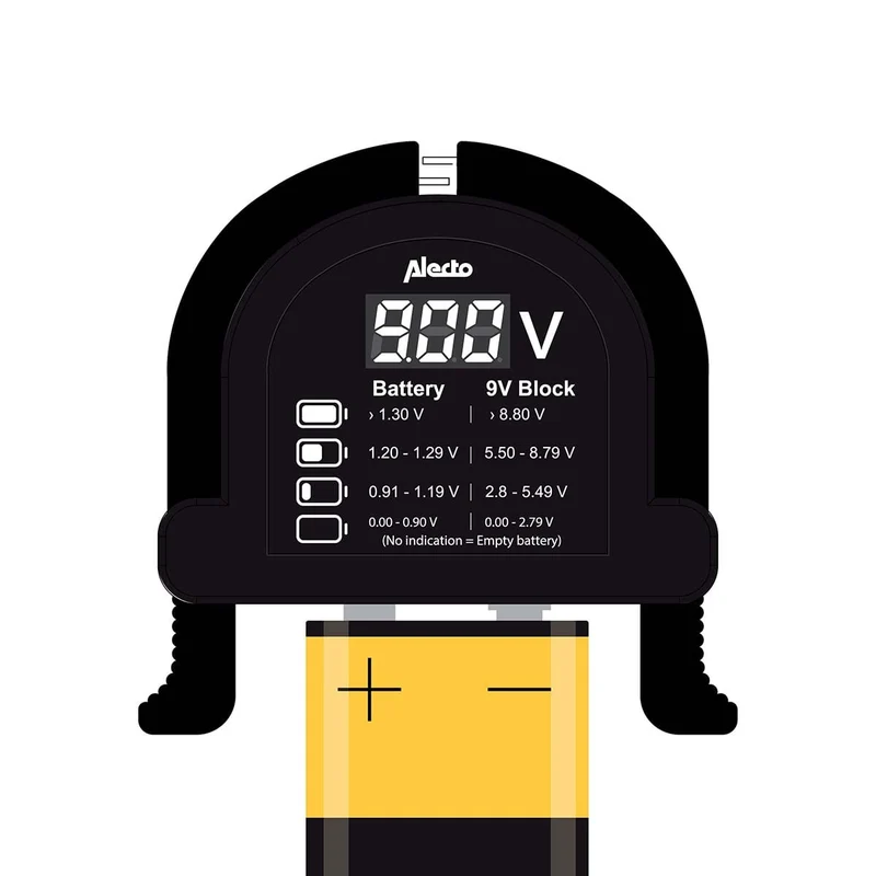 Alecto BTT2 - Kompakter universeller Batterietester für AA, AAA, C, D und 9V Batterien - Schwarz