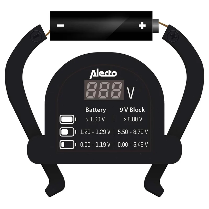 Alecto BTT2 - Kompakter universeller Batterietester für AA, AAA, C, D und 9V Batterien - Schwarz