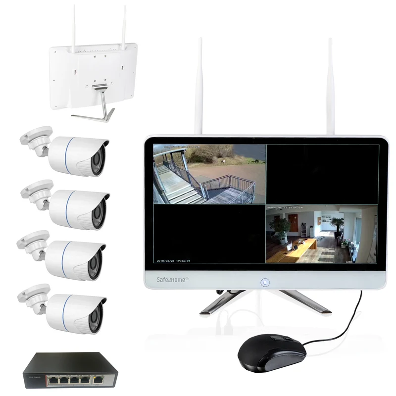 POE / Funk Überwachungskamera 8 Kanal Set 3TB - 4x Full HD POE Cam Nachtsicht - Rekorder