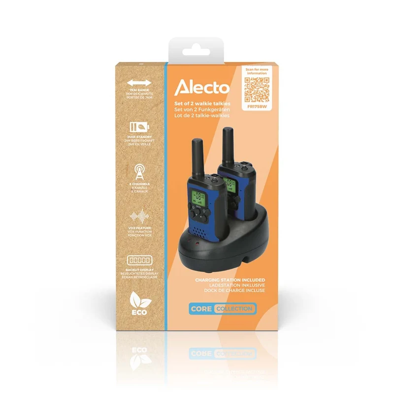 Alecto FR175BW - Walkie Talkie Set - 2 Handgeräte - Reichweite bis zu 7 km - 8 Kanäle - PTT und VOX - 24 Stunden Standby - Ladestation inklusive - Kopfhöreranschluss - Blau Schwarz