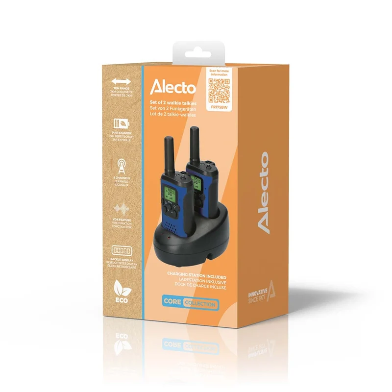 Alecto FR175BW - Walkie Talkie Set - 2 Handgeräte - Reichweite bis zu 7 km - 8 Kanäle - PTT und VOX - 24 Stunden Standby - Ladestation inklusive - Kopfhöreranschluss - Blau Schwarz