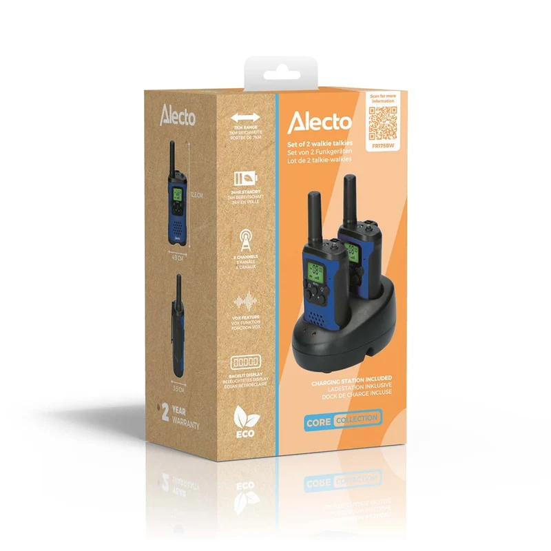 Alecto FR175BW - Walkie Talkie Set - 2 Handgeräte - Reichweite bis zu 7 km - 8 Kanäle - PTT und VOX - 24 Stunden Standby - Ladestation inklusive - Kopfhöreranschluss - Blau Schwarz