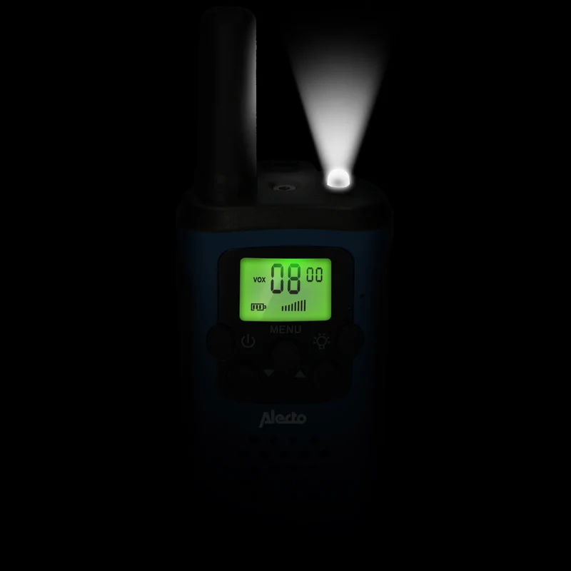 Alecto FR-115BW - Set mit zwei Walkie Talkies für Kinder, Reichweite von bis zu 7 Kilometern, Blau/Schwarz
