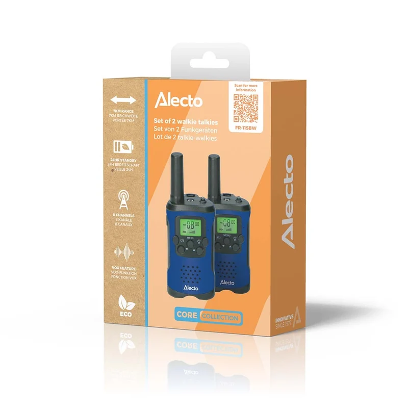 Alecto FR-115BW - Set mit zwei Walkie Talkies für Kinder, Reichweite von bis zu 7 Kilometern, Blau/Schwarz