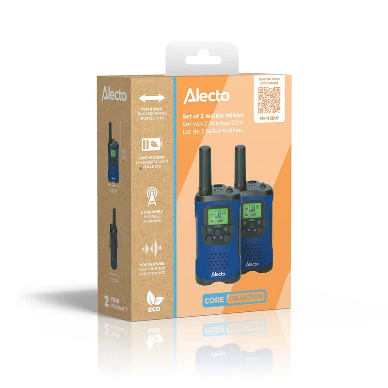 Alecto FR-115BW - Set mit zwei Walkie Talkies für Kinder, Reichweite von bis zu 7 Kilometern, Blau/Schwarz