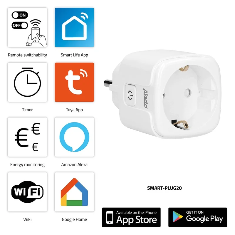 Alecto SMART-PLUG20 - Smarter WLAN-Zwischenstecker mit Stromzähler, 16 A, 3680 W