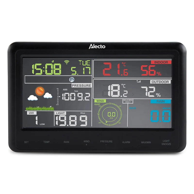Alecto WS-5500 - Professionelle 8-in-1 WLAN Wetterstation mit App und kabellosem Außensensor - Schwarz