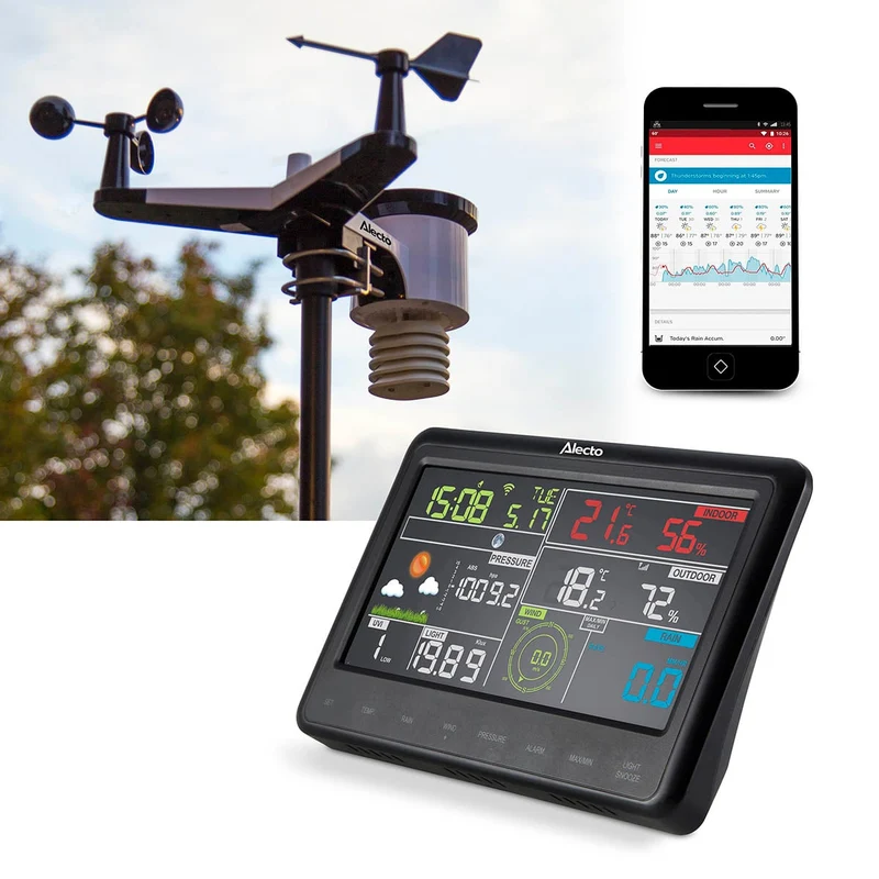Alecto WS-5500 - Professionelle 8-in-1 WLAN Wetterstation mit App und kabellosem Außensensor - Schwarz