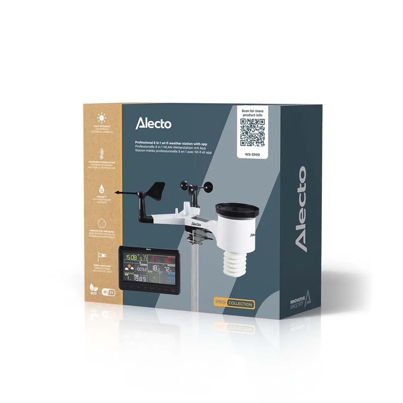 Alecto WS-5500 - Professionelle 8-in-1 WLAN Wetterstation mit App und kabellosem Außensensor - Schwarz